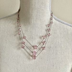 Sterling Silver 3 Strand Necklace w/ Graduated Lt Pink Faceted Crystal Stations